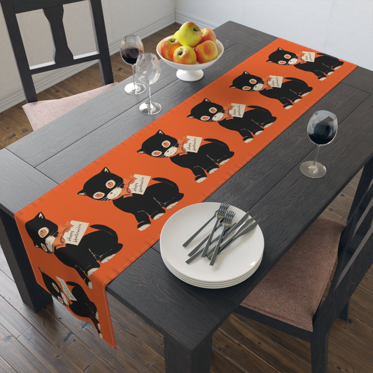 Happy Halloween Black Cat Retro Halloween Print Decor Cotton Poly Table Runner
