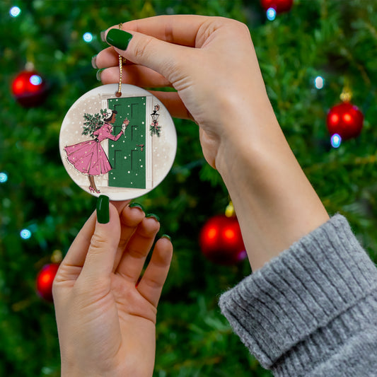 Christmas Lady With Pine Holly Mid Century Retro Christmas Print Ceramic Ornament