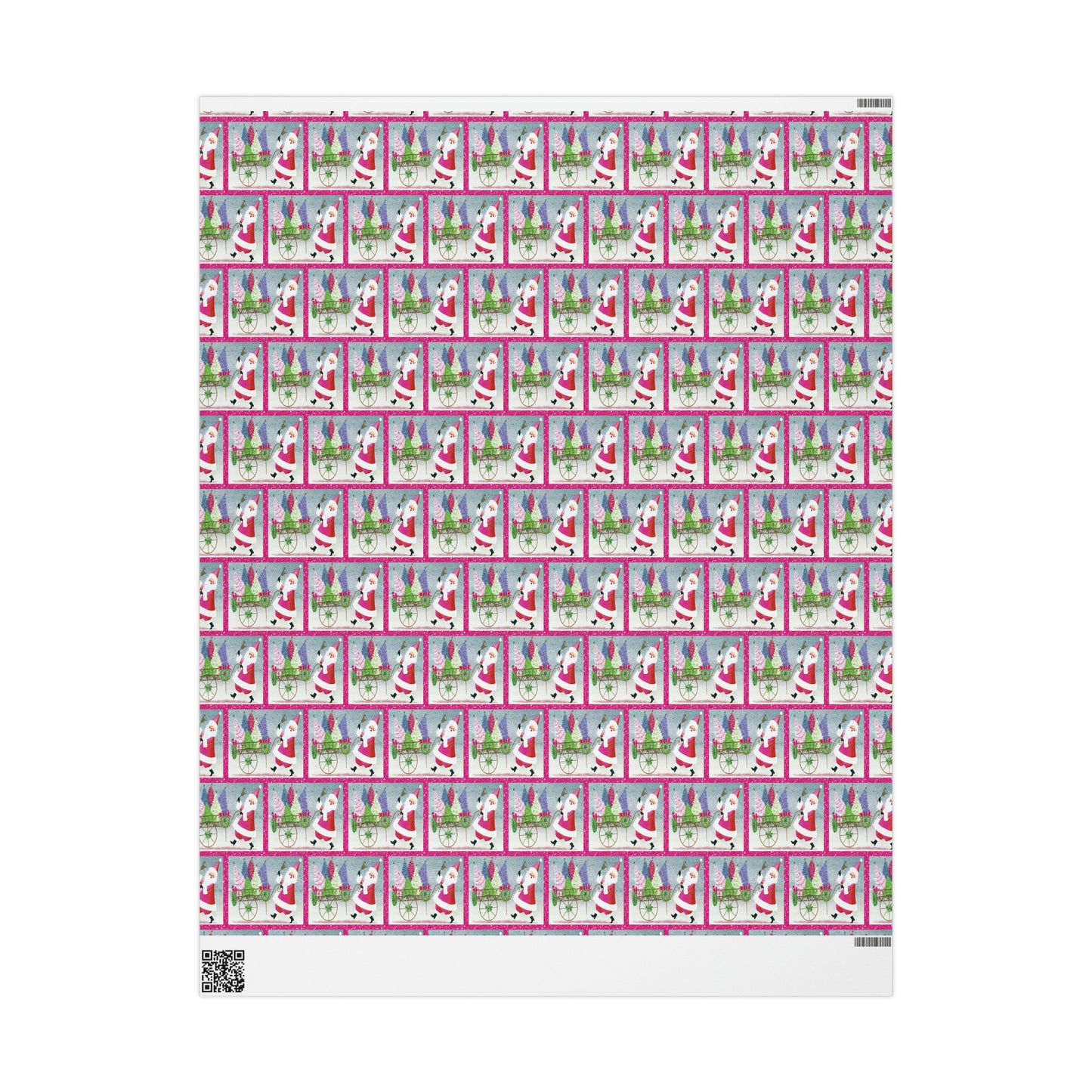 Pink Santa With Trees And Bell Mid Century Retro Christmas Print Holiday Gift Wrap Paper - Glossy Or Matte