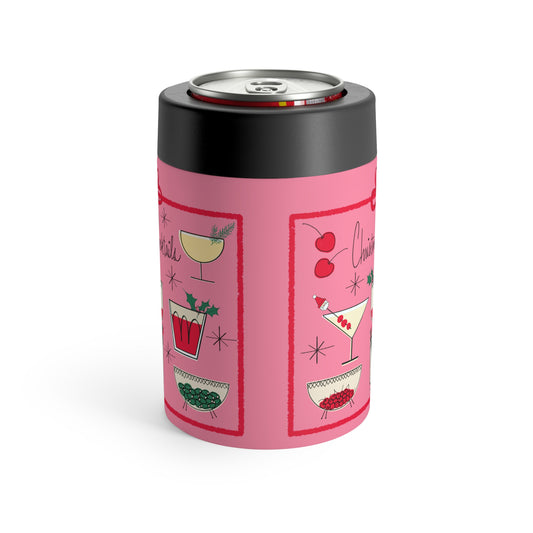 Christmas Cocktails Mid Century Pink Retro Christmas Print Stainless Steel Can Holder