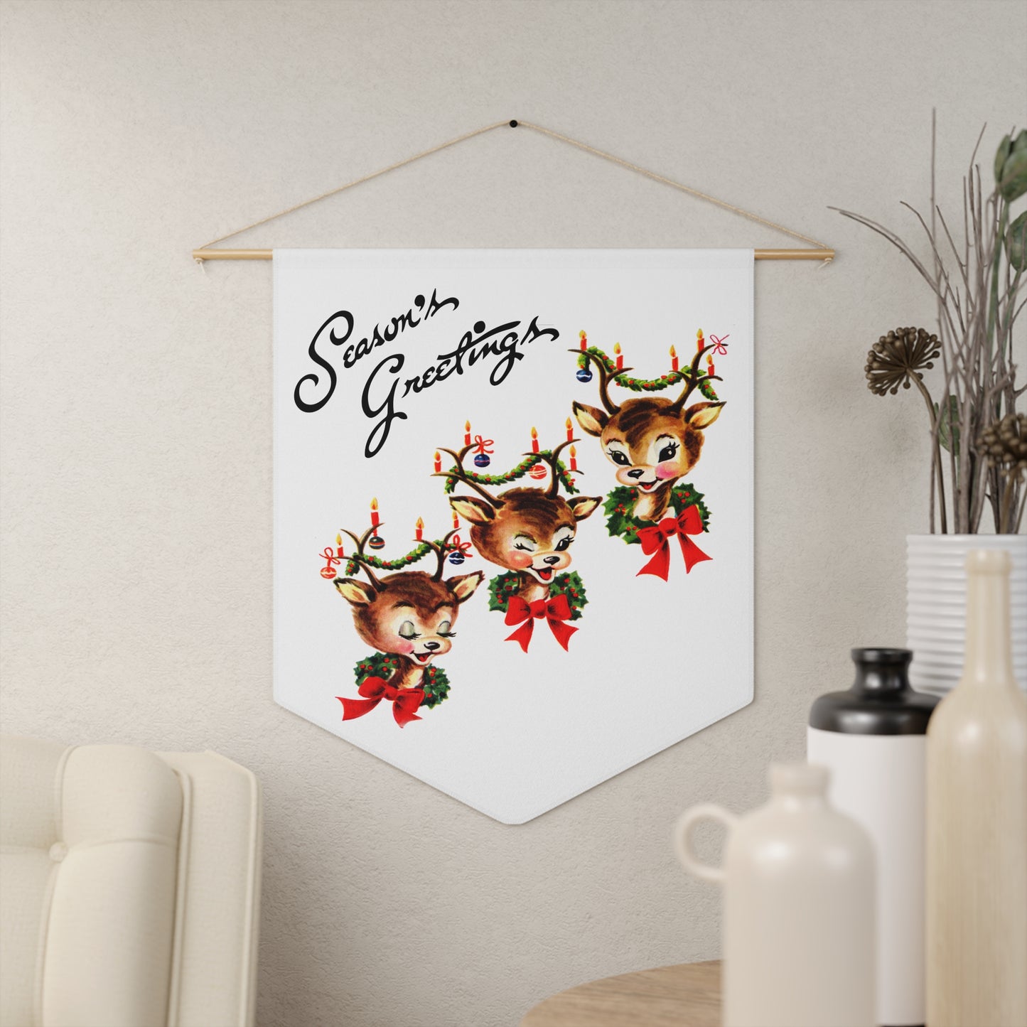 Season's Greetings Reindeer Mid Century Retro Christmas Print Wall Hanging Banner Flag