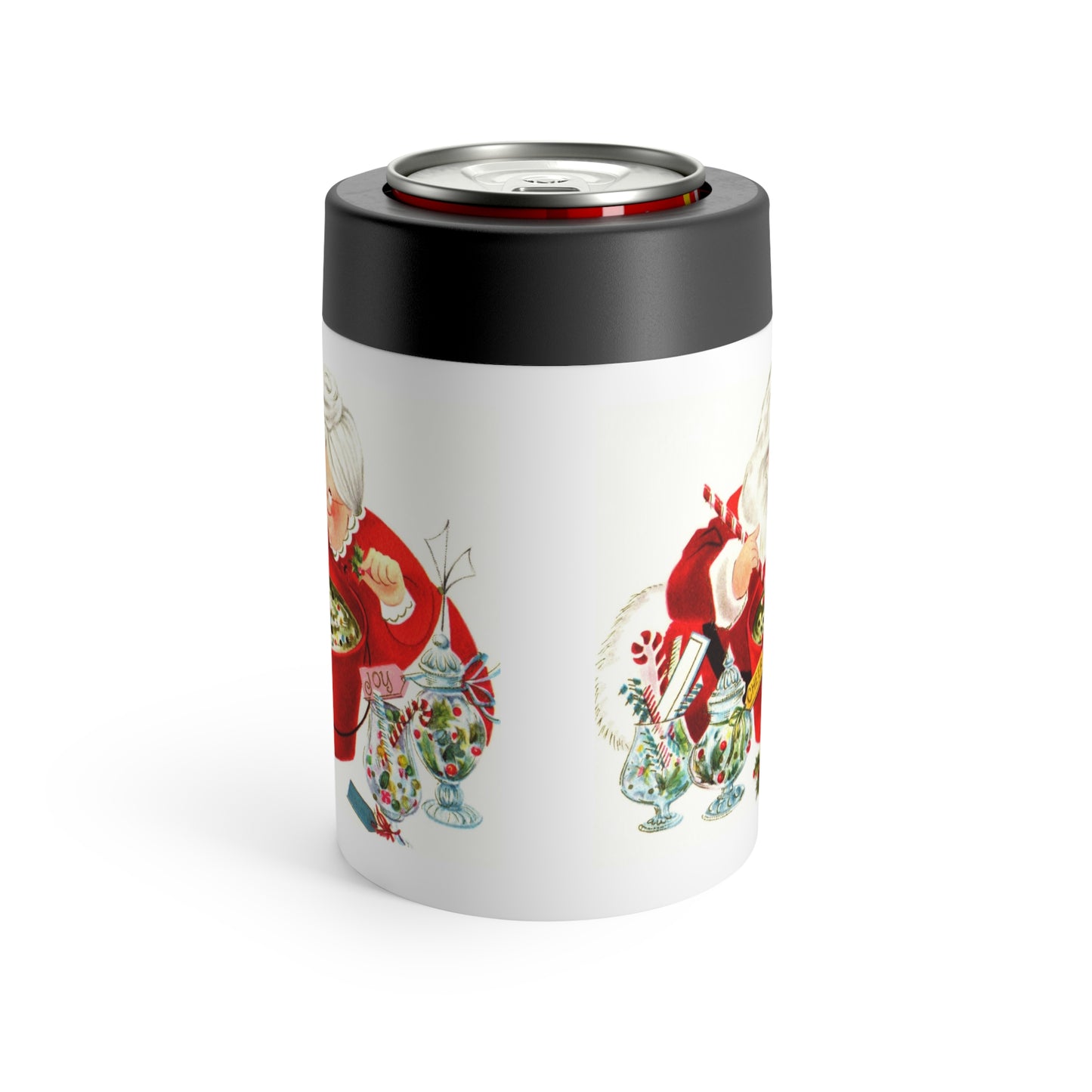 Santa And Mrs. Claus Making Christmas Cheer Retro Christmas Print Stainless Steel Can Holder