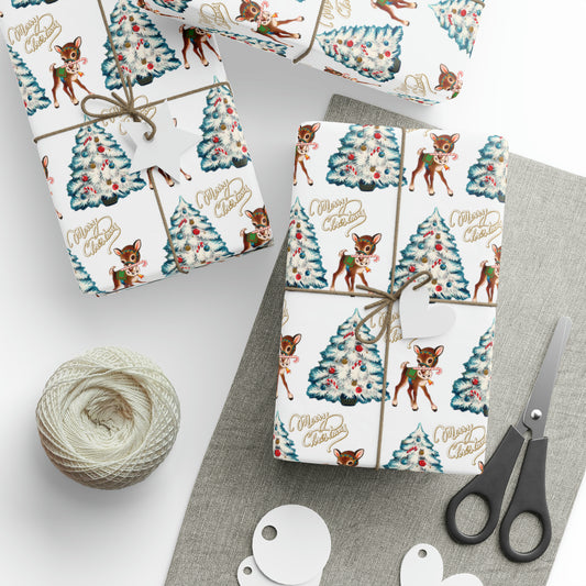 Merry Christmas Reindeer With Candy Cane Tree Mid Century Retro Christmas Print Holiday Gift Wrap Paper - Glossy Or Matte