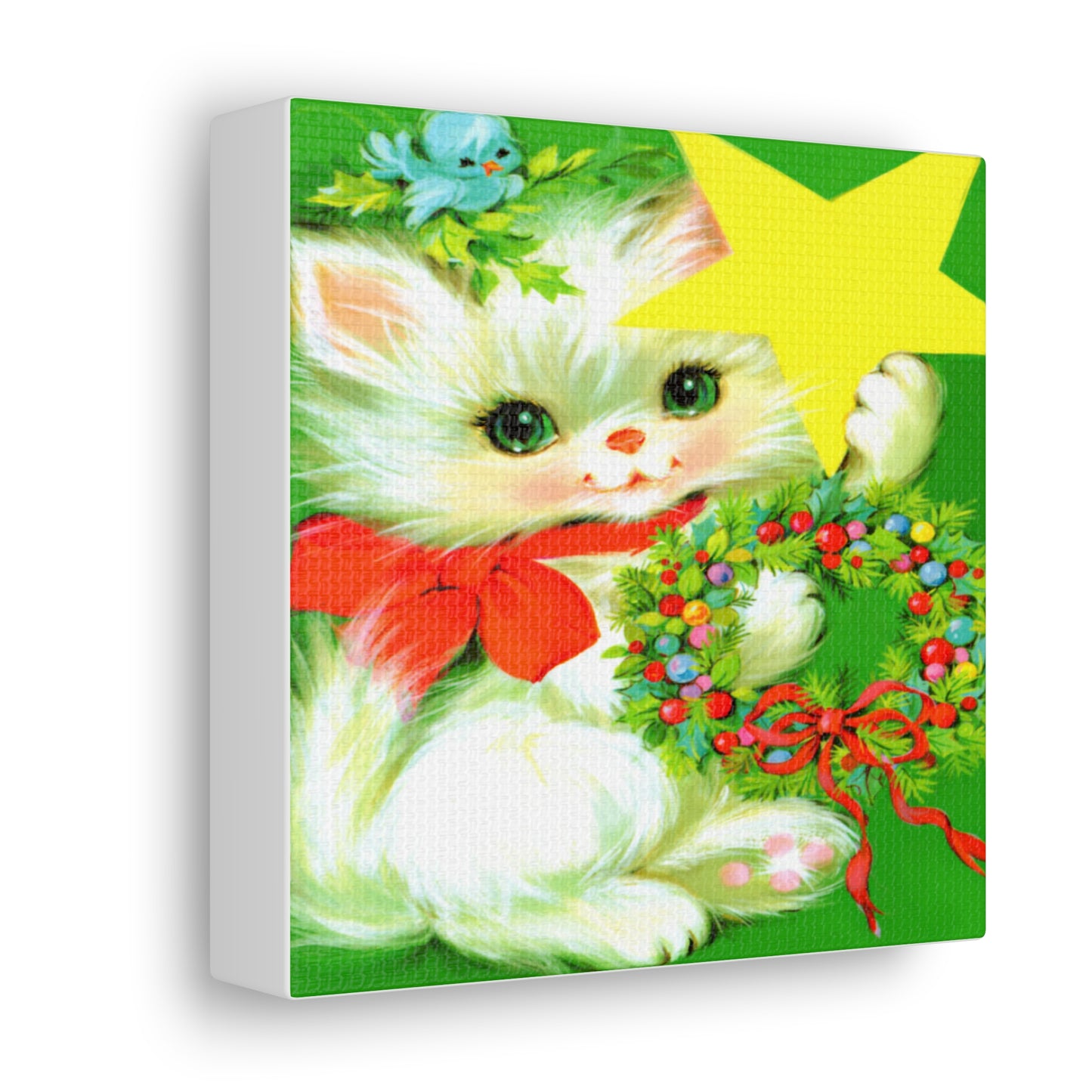 Christmas Kitten With Star Wreath Retro Christmas Print Canvas Gallery Wrap