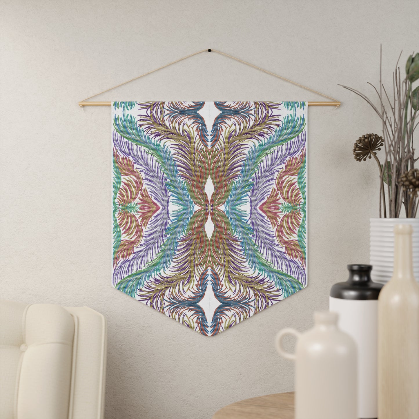 This canvas wall hanging by Caden Caraco features ethereal space feathers in colors of green, blue, copper and gold.