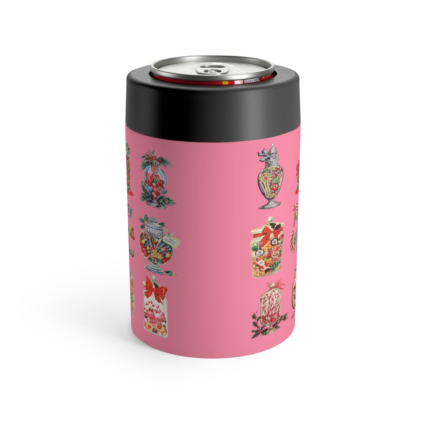 Merry Christmas To You Candy Pink Mid Century Retro Christmas Print Stainless Steel Can Holder