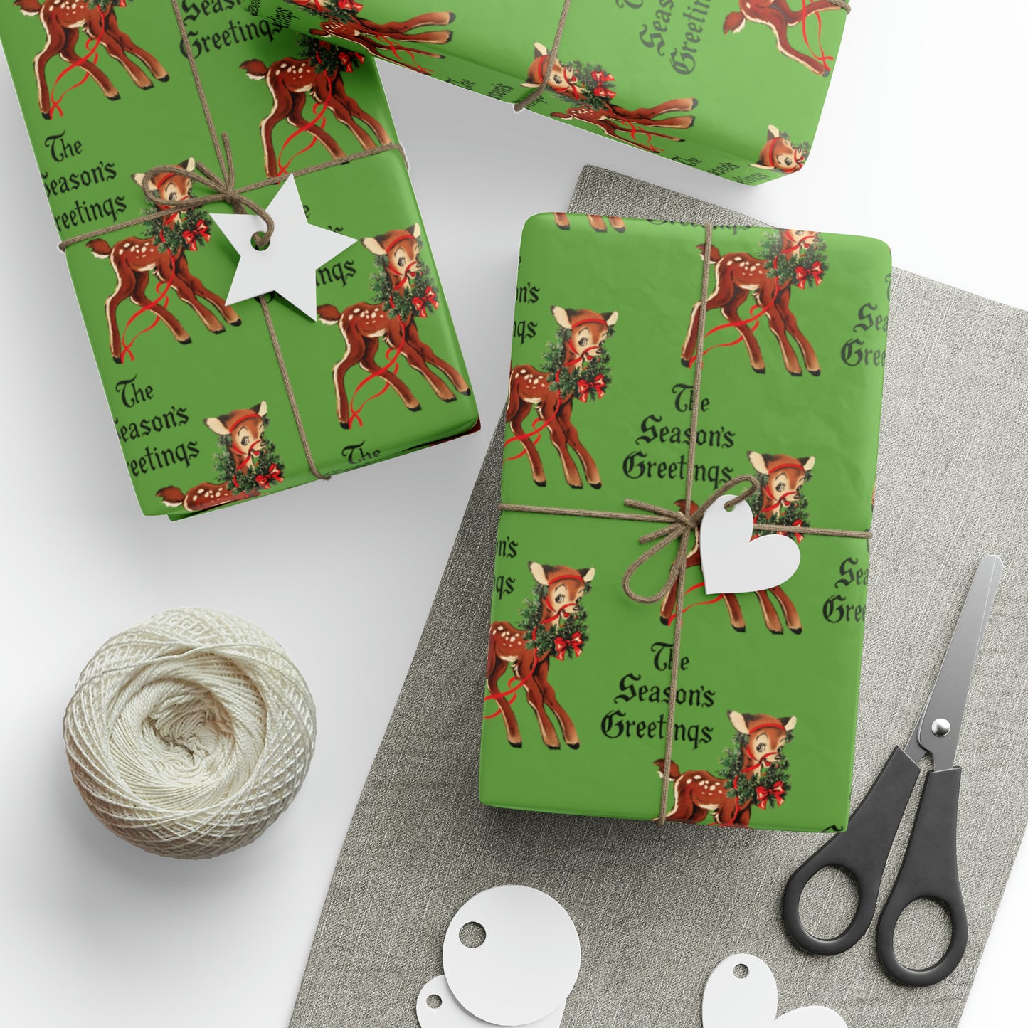 The Season's Greetings Reindeer With Wreath Mid Century Retro Christmas Print Holiday Gift Wrap Paper - Glossy Or Matte