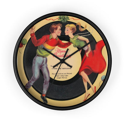 This round black wooden frame clock features a midcentury vintage print of a couple dancing under the mistletoe with a record that says Merry Christmas. Great for Christmas decoration or gifiting to your favorite couple.