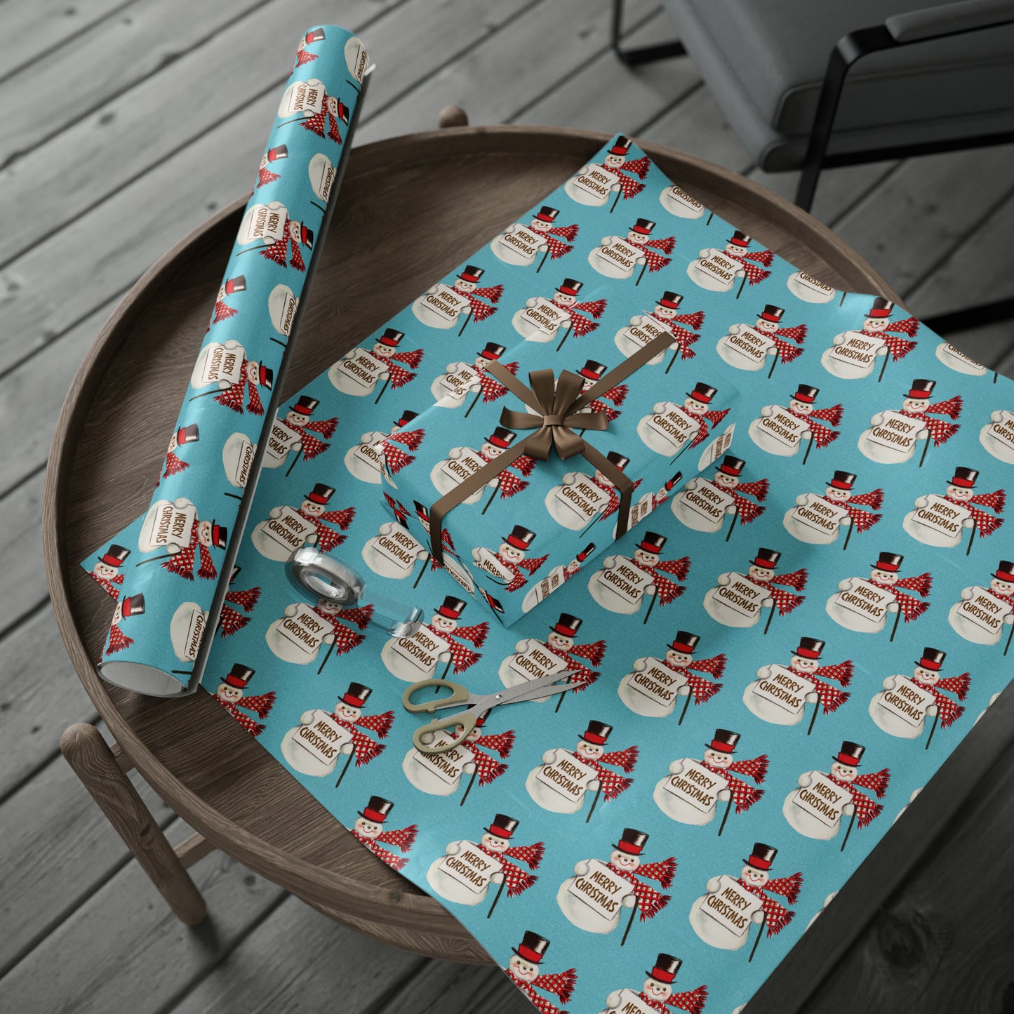 Merry Christmas Snowman Blue Mid Century Retro Christmas Print Holiday Gift Wrap Paper - Glossy Or Matte