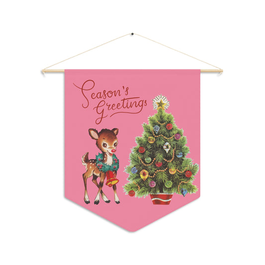 Season's Greetings Reindeer Tree Pink Mid Century Retro Christmas Print Wall Hanging Banner Flag