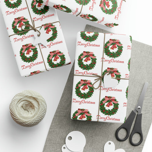 Merry Christmas Wreath Retro Christmas Print Holiday Gift Wrap Paper - Glossy Or Matte