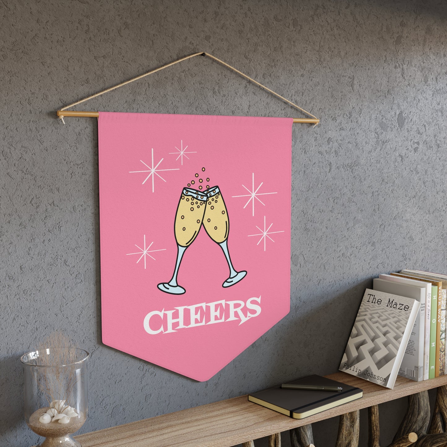 Cheers Champagne Toast Pink Atomic Mid Century Retro Style Pink Wall Hanging Banner Flag