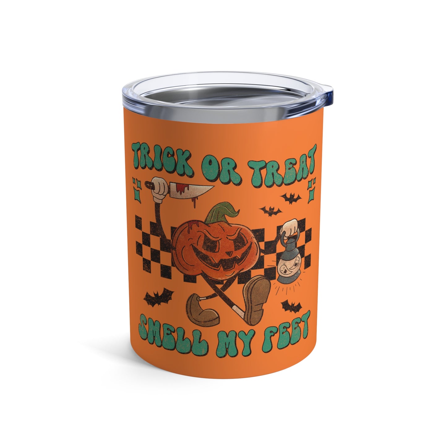 Trick Or Treat Smell My Feet Jack O Lantern Orange Distressed Halloween Print Stainless Steel Tumbler 10oz