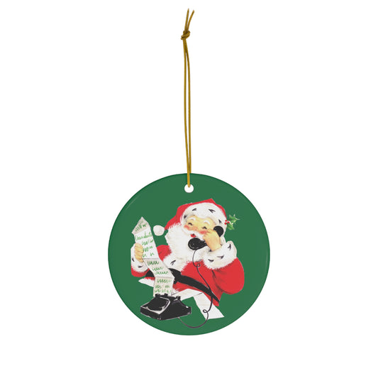 Santa On Telephone Checking His List Mid Century Retro Christmas Print Ceramic Ornament