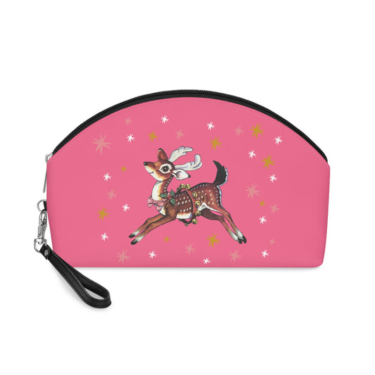 Reindeer Stars Retro Pink Retro Christmas Print Travel Cosmetic Makeup Bag