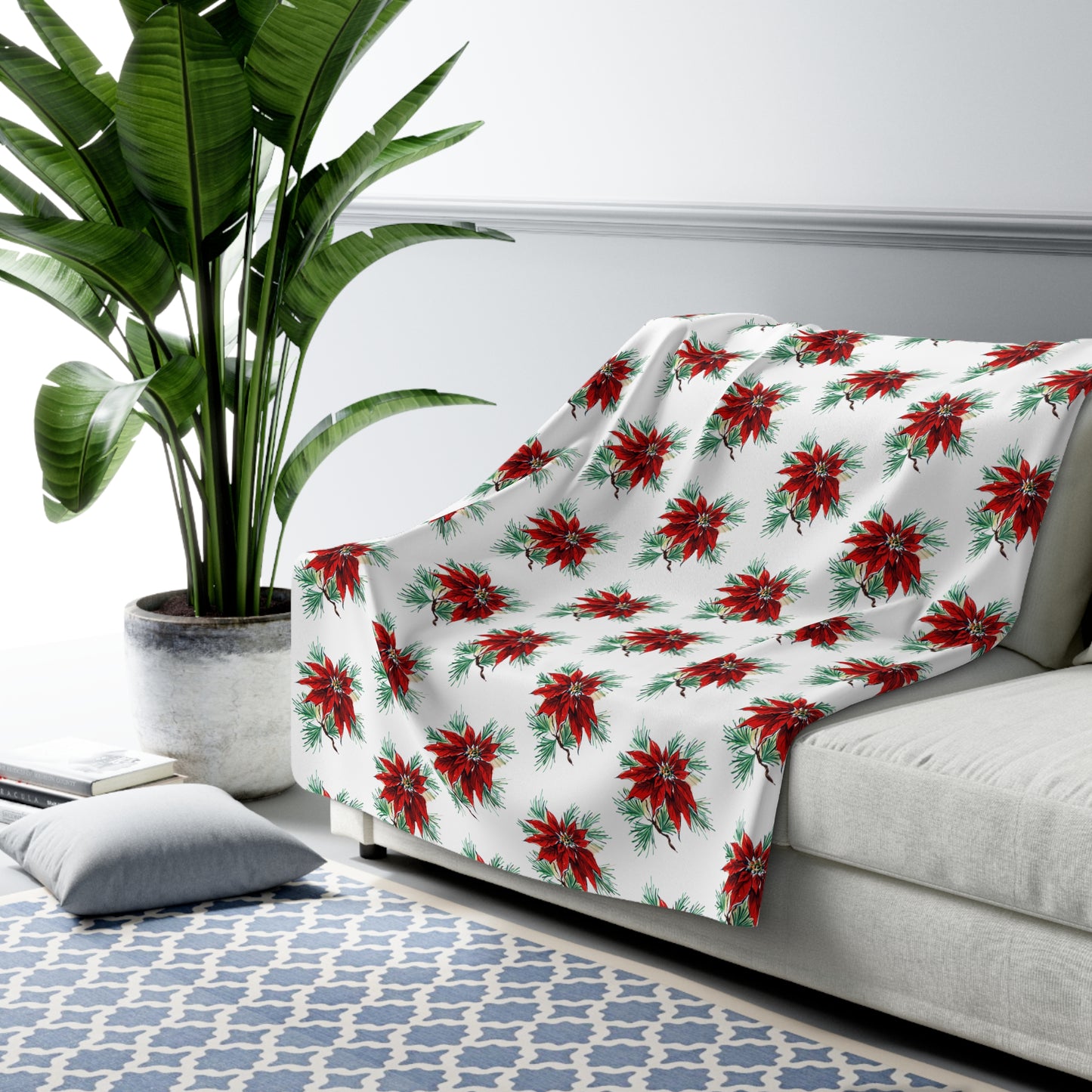 Christmas Poinsettias Mid Century Retro Christmas Print Sherpa Fleece Blanket