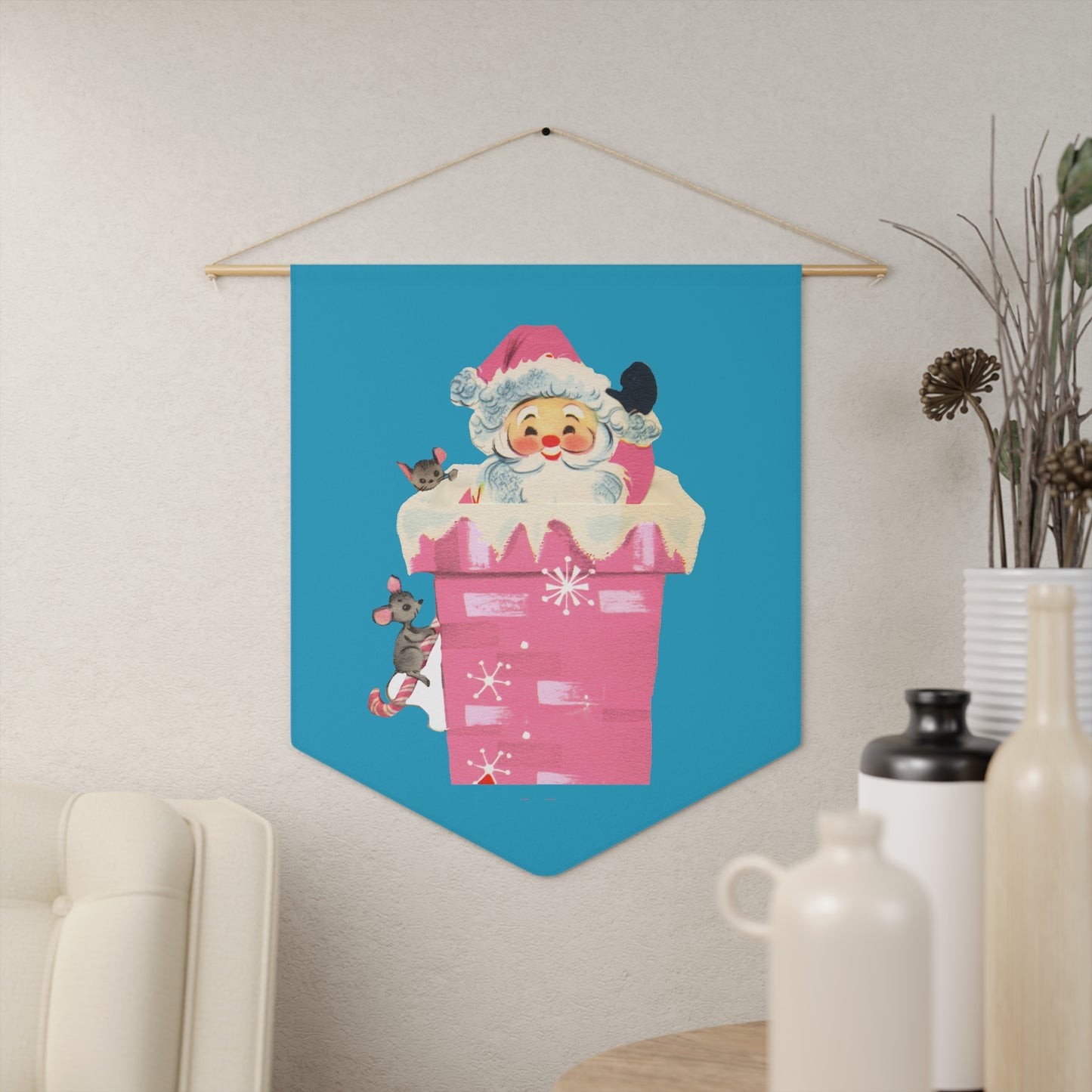 Pink Santa In Chimney Blue Mid Century Retro Print Christmas Print Wall Hanging Banner Flag