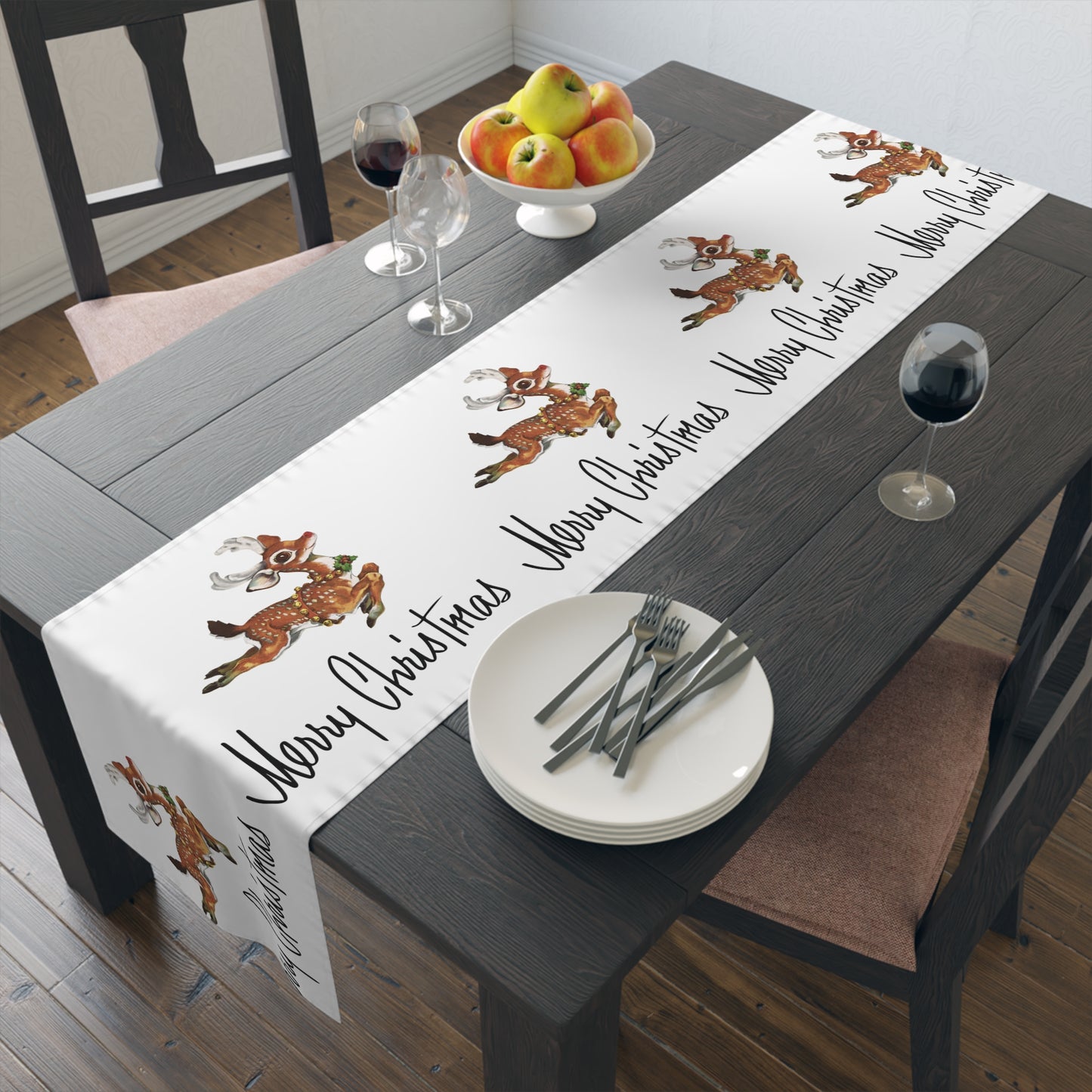 Merry Christmas Leaping Reindeer Retro Christmas Print Home Decor Cotton Poly Table Runner