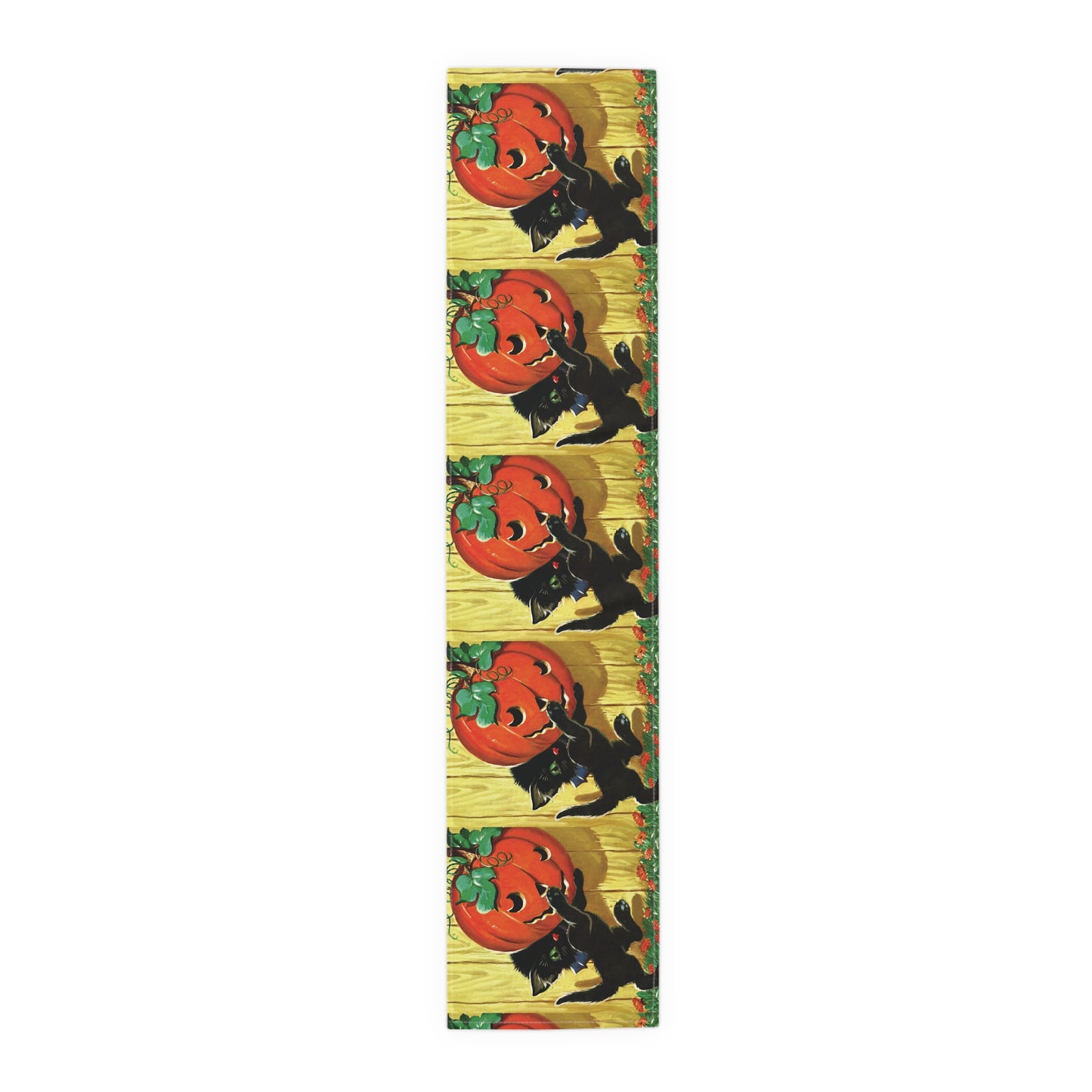 Black Cat With Jack O Lantern Retro Halloween Print Cotton Poly Table Runner