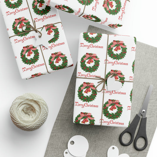 Merry Christmas Wreath Retro Christmas Print Holiday Gift Wrap Paper - Glossy Or Matte