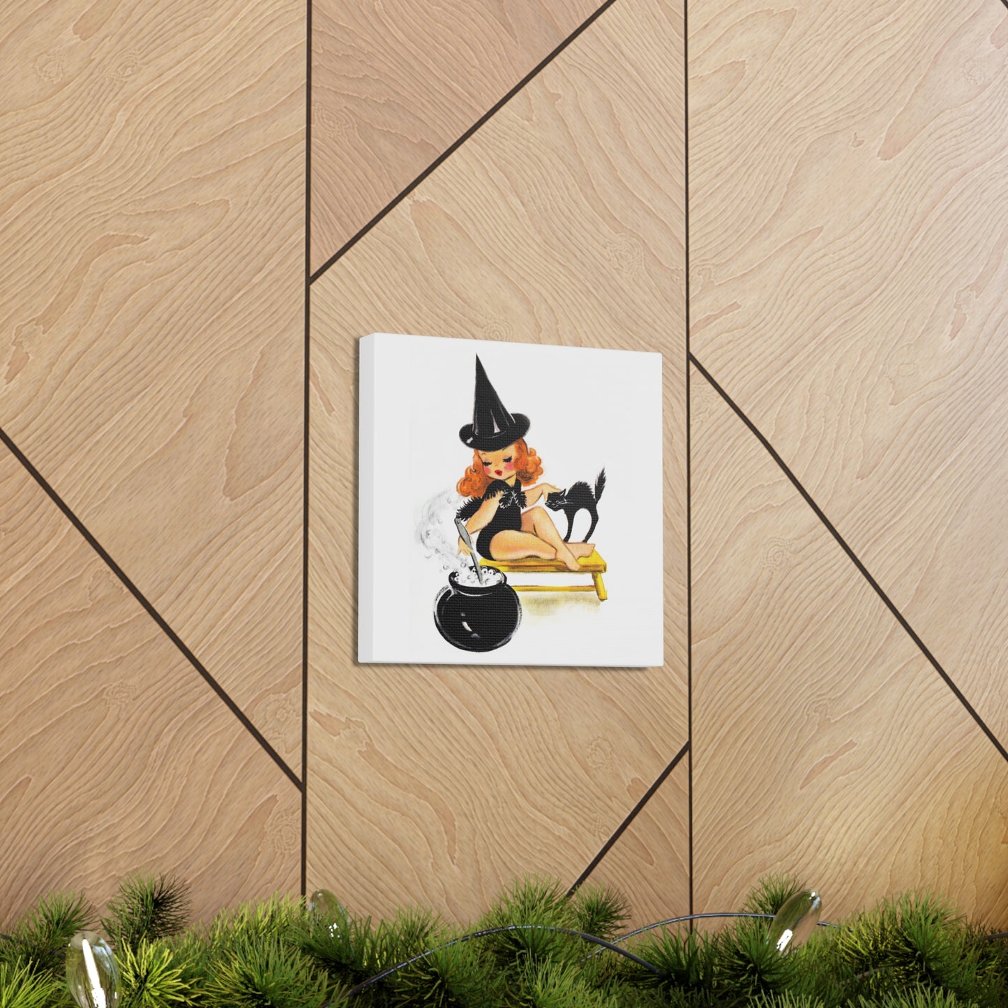 Orange Witch Black Cat Retro Halloween Decor Print Canvas Gallery Wrap