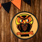 This black wooden wall clock features a retro illustration of an orange and black owl with a yellow full moon. The frame and hands of the clock are black.