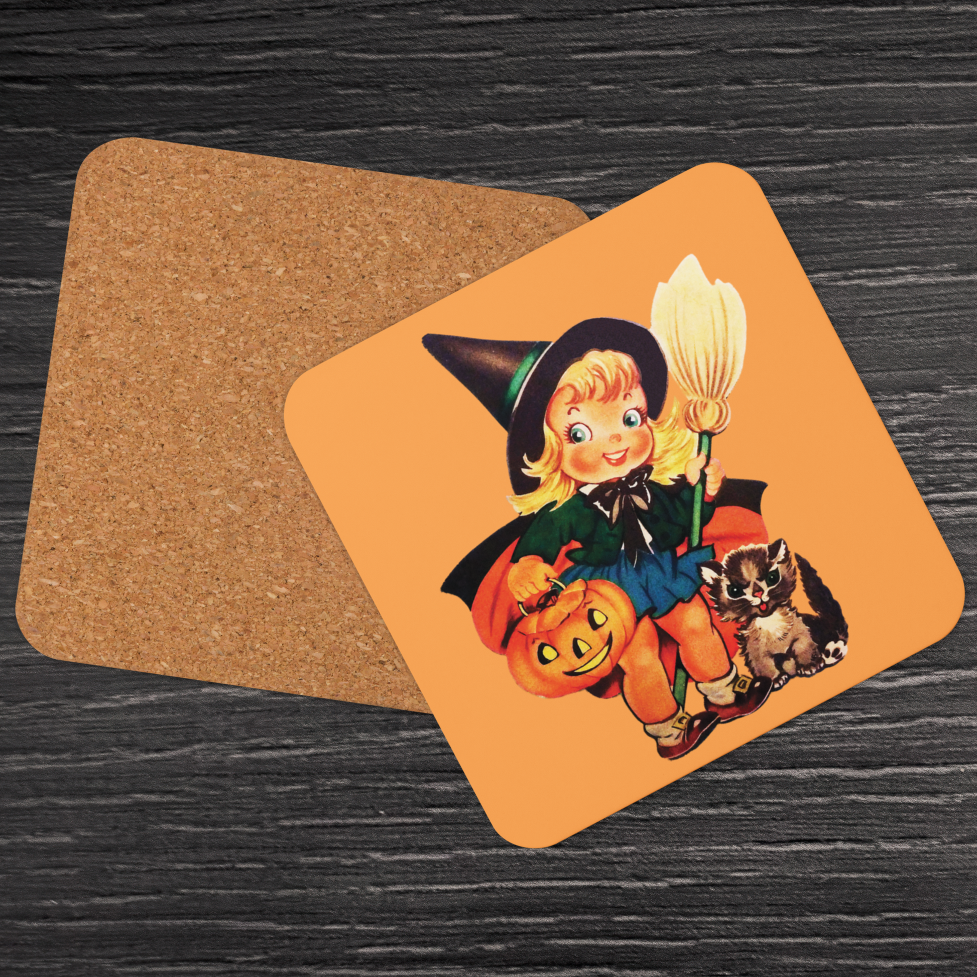 This glossy cork back coaster features an adorable retro Halloween illustration of a young witch holding a broom and jack o lantern with her brown cat sitting next to her.