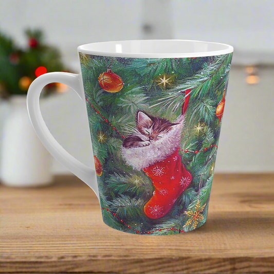 Christmas Kitten In Stocking Christmas Retro Latte Coffee Mug