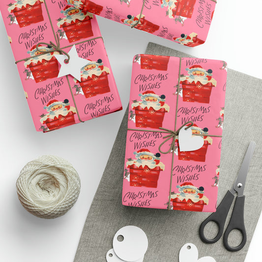 Christmas Wishes Santa In Chimney Pink Mid Century Retro Christmas Style Holiday Gift Wrap Paper - Glossy Or Matte