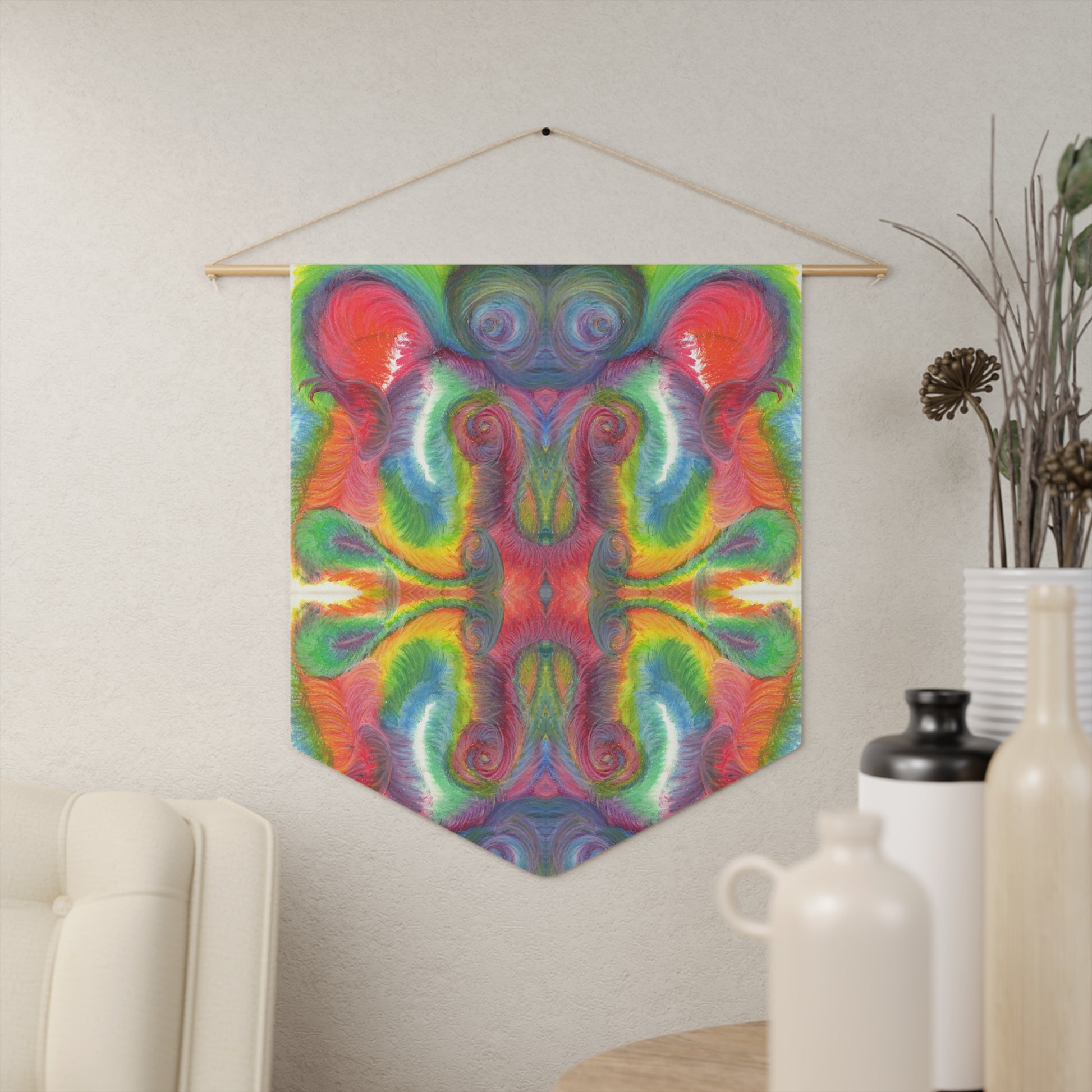 This fabric wall hanging features the hand drawn artwork of modern artist Caden Caraco. There are swirls of green, red, orange, yellows and purples. Original artwork is oil pastel on paper.