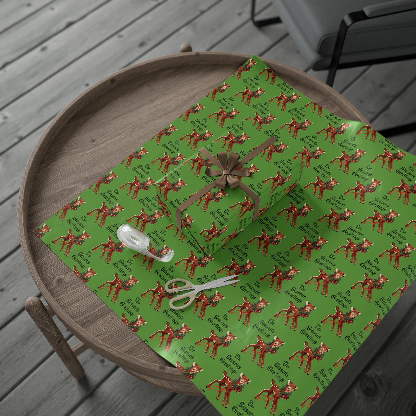 The Season's Greetings Reindeer With Wreath Mid Century Retro Christmas Print Holiday Gift Wrap Paper - Glossy Or Matte