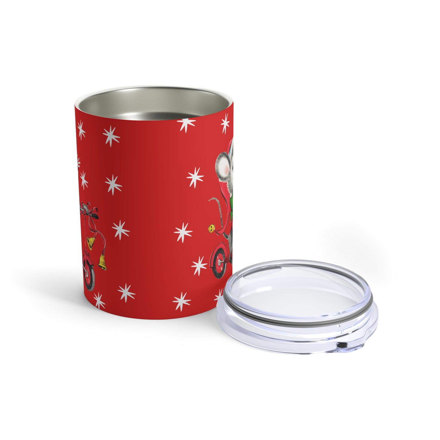 Christmas Mouse On Scooter Stars Mid Century Retro Christmas Print Stainless Steel Tumbler 10oz