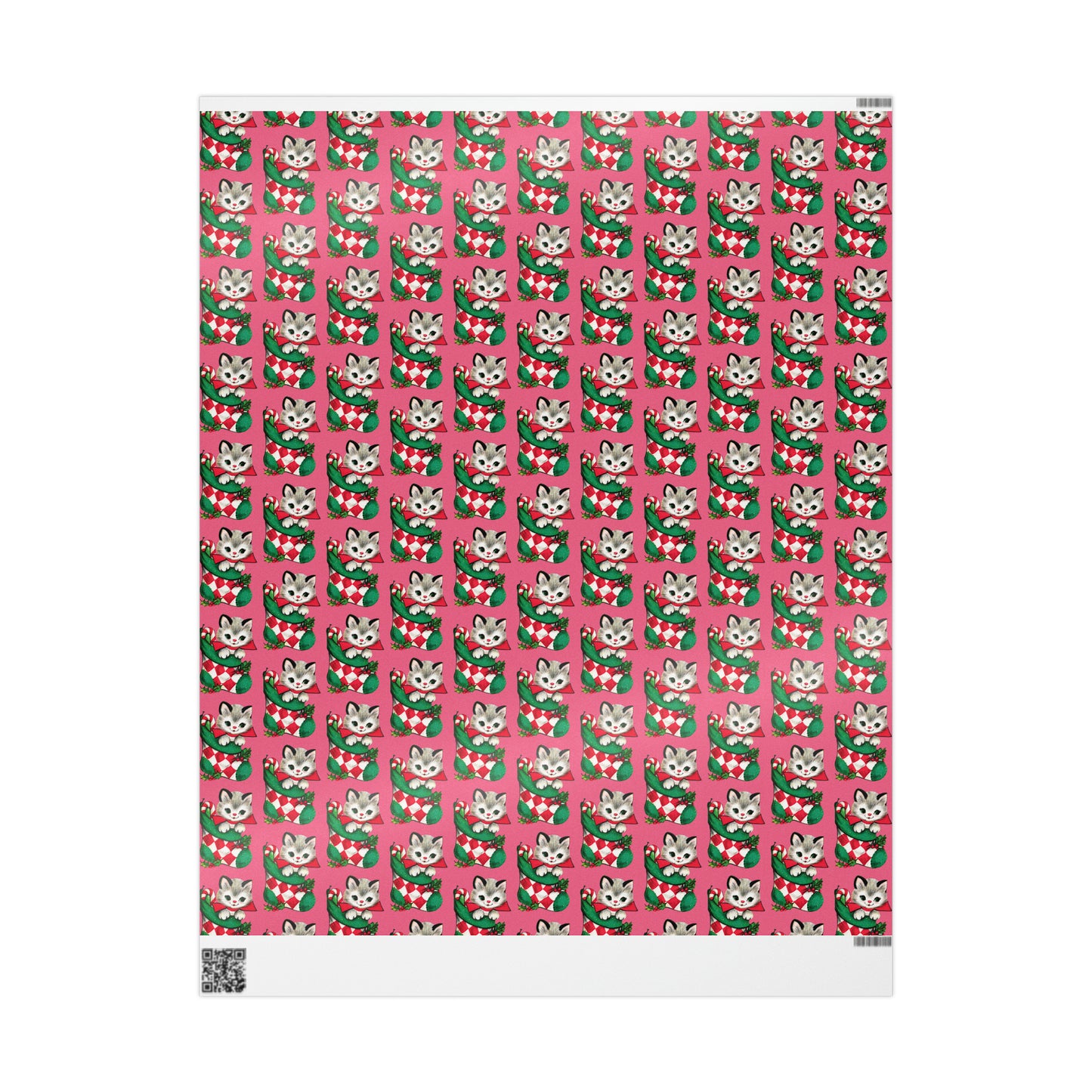 Christmas Kitten In Stocking Pink Mid Century Retro Christmas Print Holiday Gift Wrap Paper - Glossy Or Matte