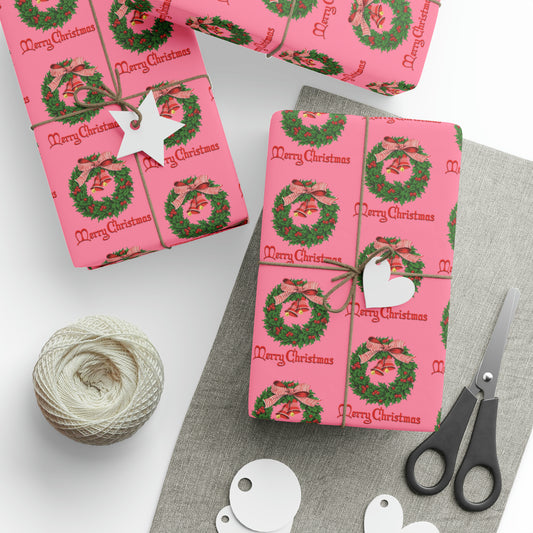 Merry Christmas Wreath Pink Retro Christmas Print Holiday Gift Wrap Paper - Glossy Or Matte