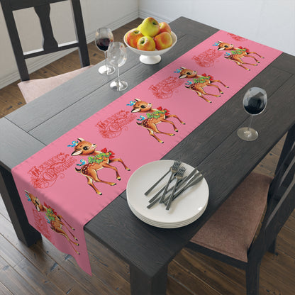 Merry Christmas Reindeer And Bluebirds Retro Christmas Print Home Decor Poly Table Runner