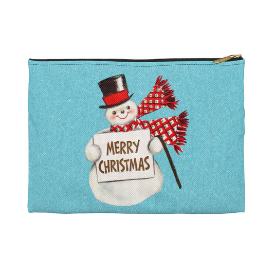 Merry Christmas Snowman Blue Mid Century Retro Christmas Print Polyester Accessory Pouch Travel Bag