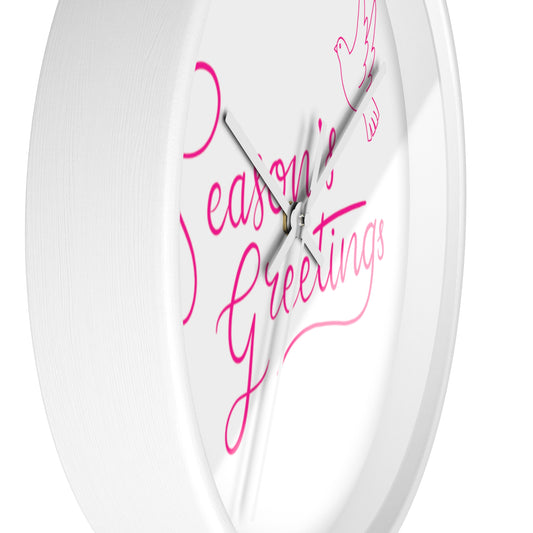 Pink Season's Greetings Dove Christmas White Wall Clock