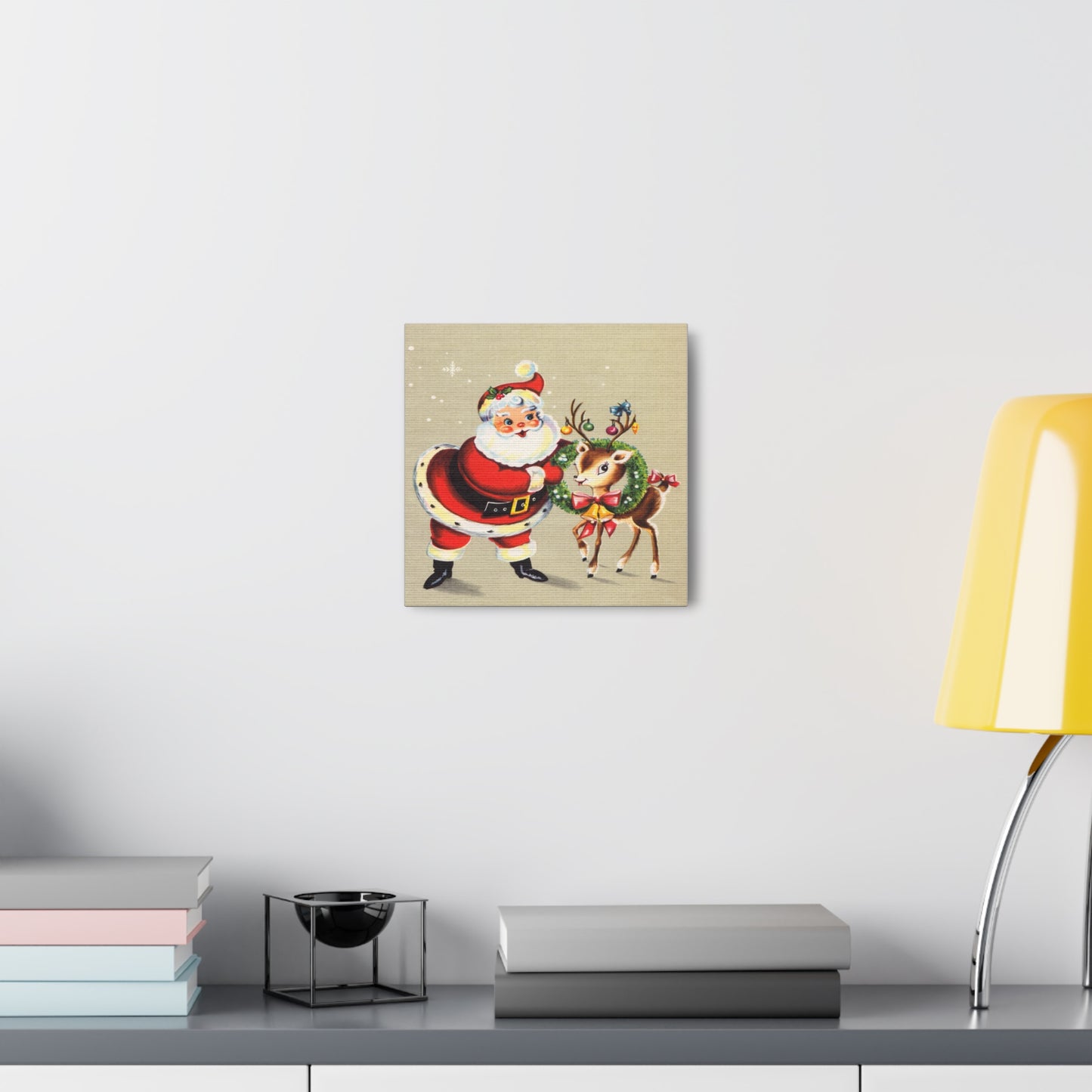 Santa And Reindeer Mid Century Retro Christmas Canvas Gallery Wrap