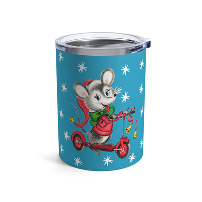 Christmas Mouse On Scooter Stars Blue Mid Century Retro Christmas Print Stainless Steel Tumbler 10oz