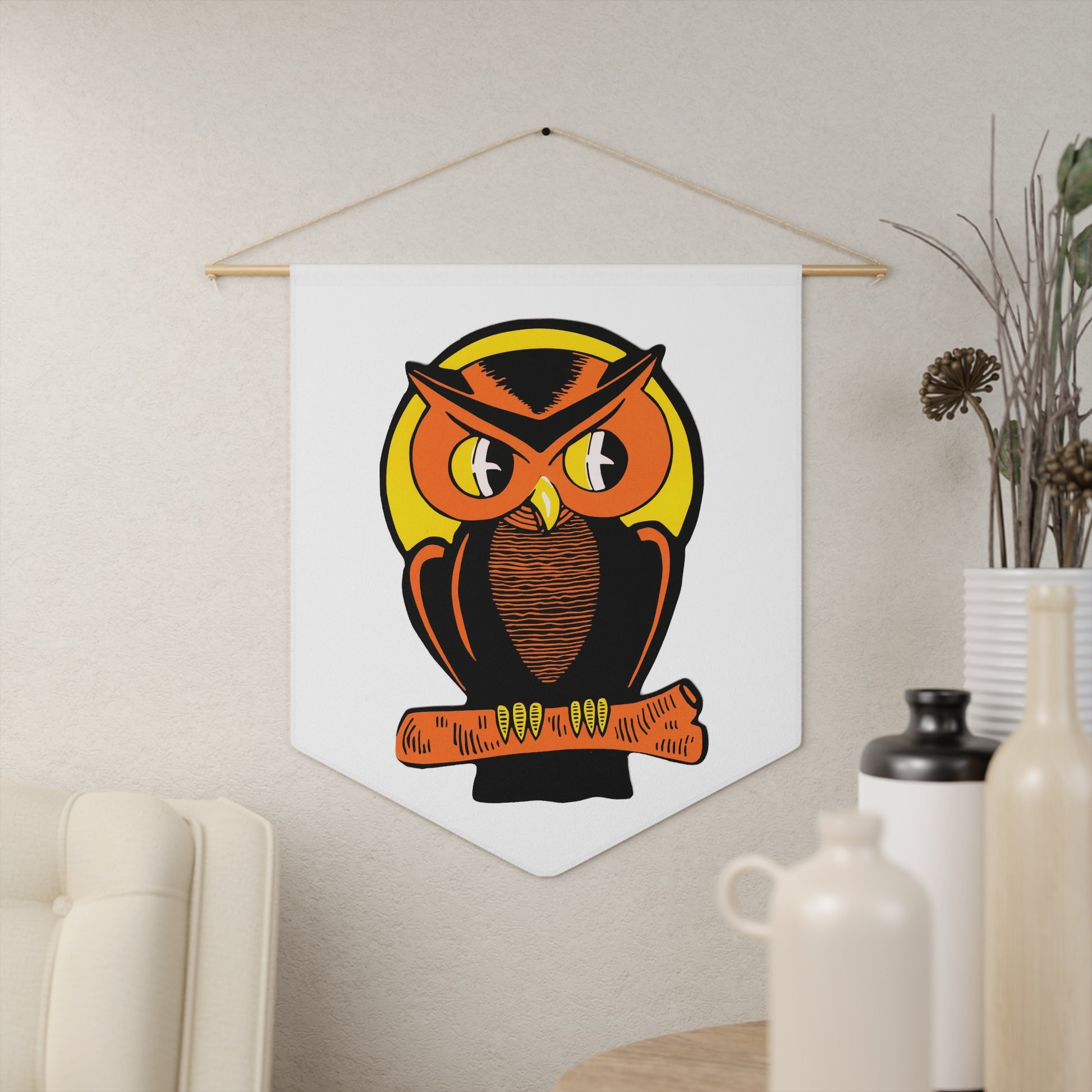 This pennant banner flag wall hanging features a vintage Halloween illustration of a beautiful Orange and black owl perched on a branch with the full yellow moon behind him. 