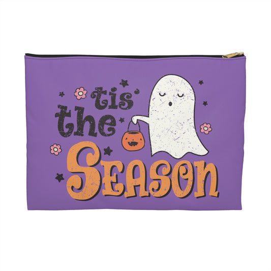 Tis The Season Trick Or Treat Ghost Distressed Halloween Print Accessory Polyester Pouch Travel Bag