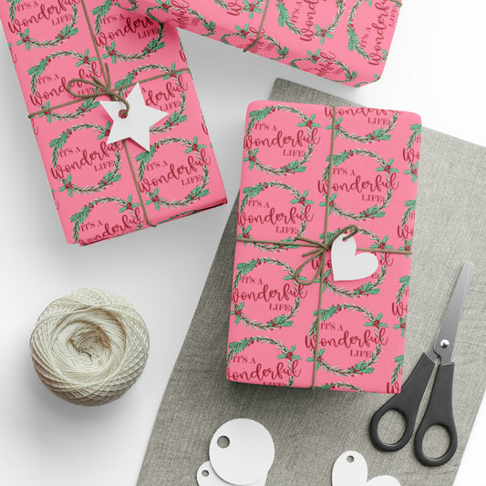 It's A Wonderful Life Christmas Wreath Pink Retro Style Holiday Gift Wrap Paper - Glossy Or Matte