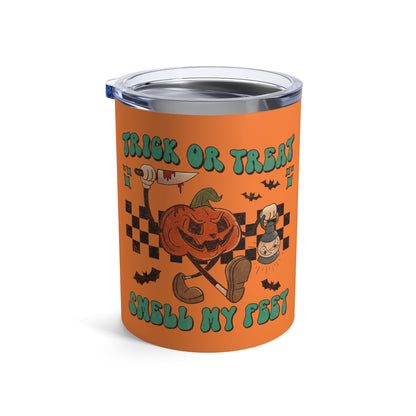 Trick Or Treat Smell My Feet Jack O Lantern Orange Distressed Halloween Print Stainless Steel Tumbler 10oz