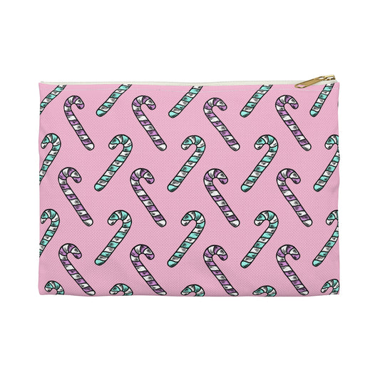 Pink And Teal Pastel Candy Canes Christmas Print Polyester Accessory Pouch Travel Bag