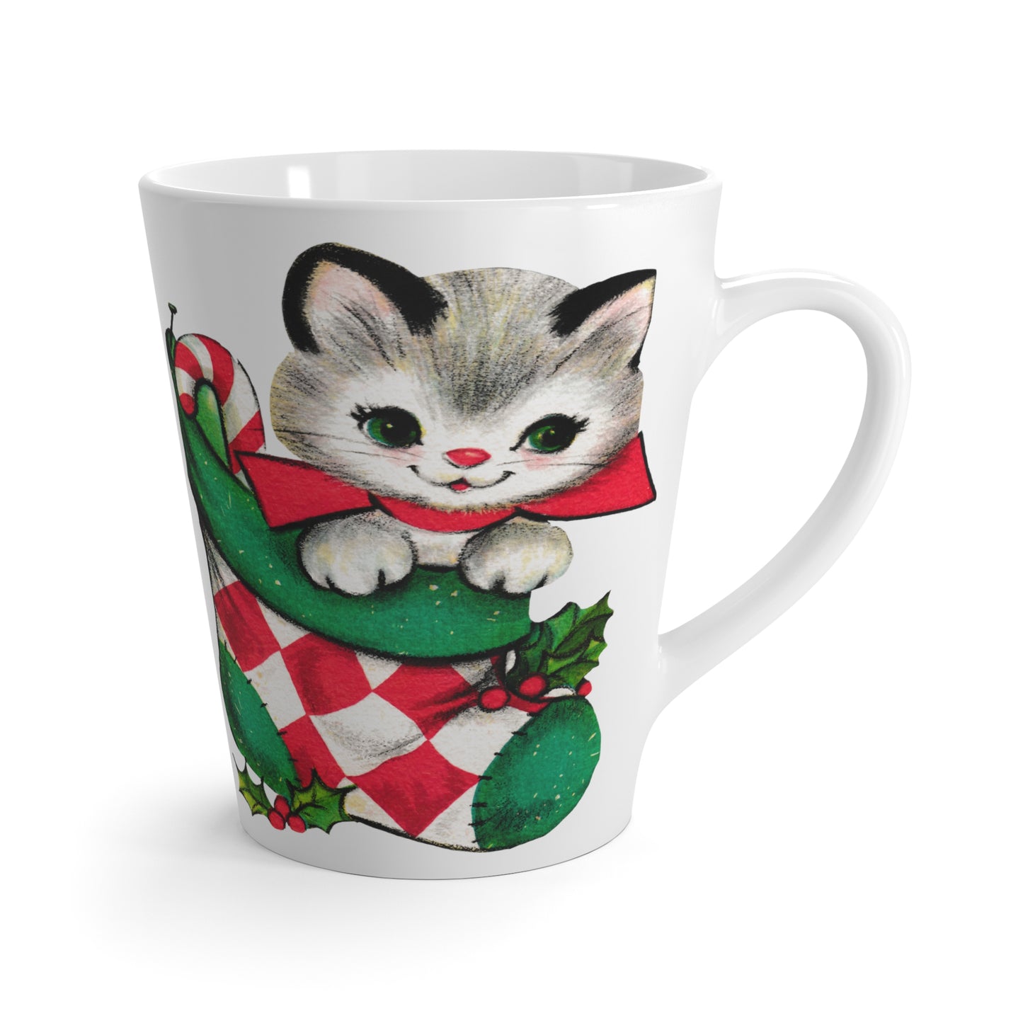 Christmas Kitten In Stocking Mid Century Retro Christmas Print Latte Coffee Mug