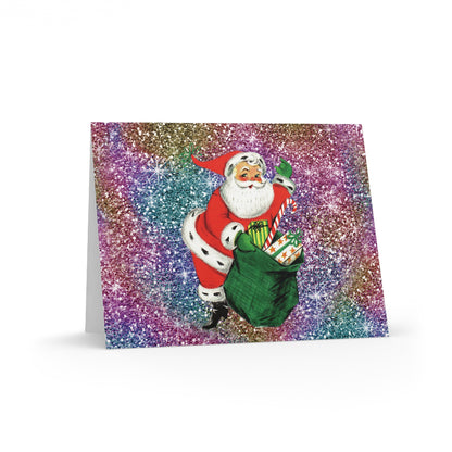 Santa With Sack Of Presents Glitter Background Mid Century Retro Christmas Print Matte Greeting Cards (8, 16, and 24 pcs)