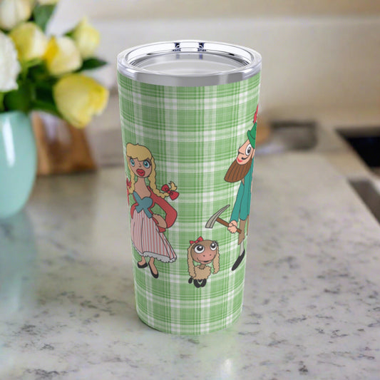 This 20 ounce Sound of Music inspired stainless steel tumbler features the characters from the Lonely Goatherd: The lonely goatherd, girl in the pale pink coat, and the goat family. There is a green plaid background.