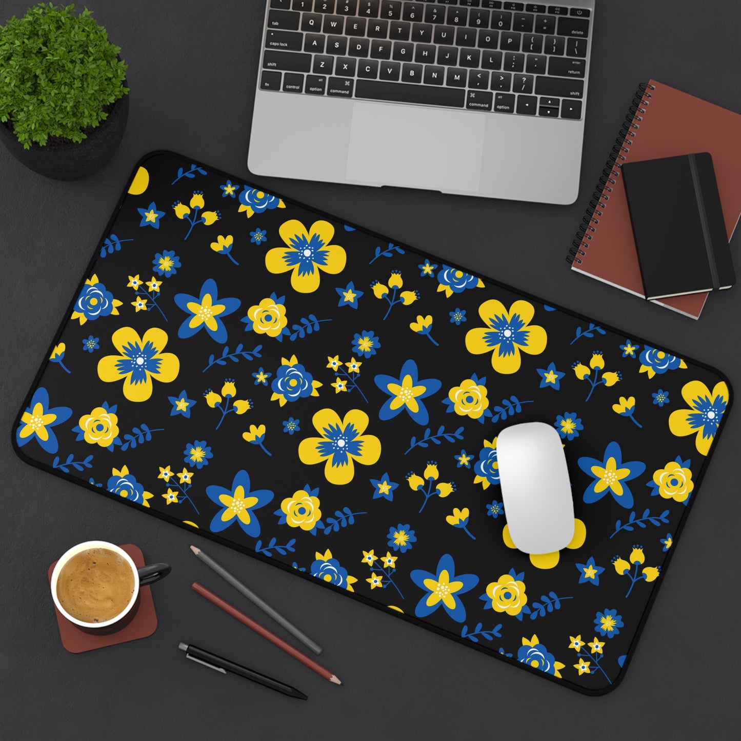 Ukranian Country Flowers Black Floral Desk Mat - 3 size options