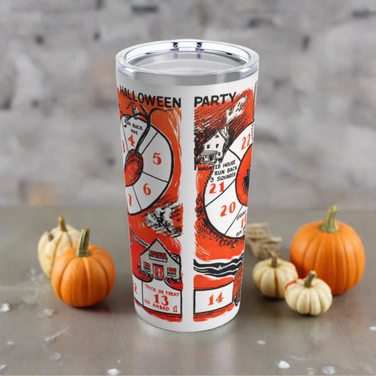 This stainless steel 20 ounce travel tumbler mug features a vintage illustration of a Halloween Board Game.