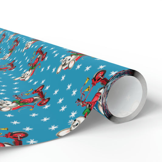 This Christmas gift wrap features a midcentury retro illustration of a cute mouse on a scooter wearing a Santa hat. The background is blue with white stars.